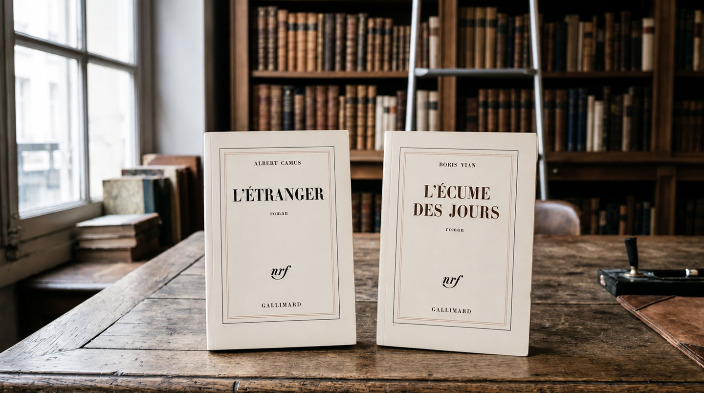 Couvertures des éditions originales de L'Étranger d'Albert Camus et L'Écume des jours de Boris Vian, posées sur une table de bibliothèque en bois