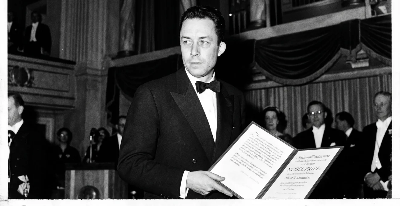Photographie d'archives en noir et blanc d'Albert Camus en costume lors de la cérémonie du Prix Nobel de littérature à Stockholm en 1957