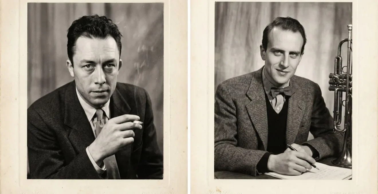 Portraits photographiques en noir et blanc d'Albert Camus et Boris Vian, écrivains français des années 1940-1950, issus d'archives photographiques d'époque