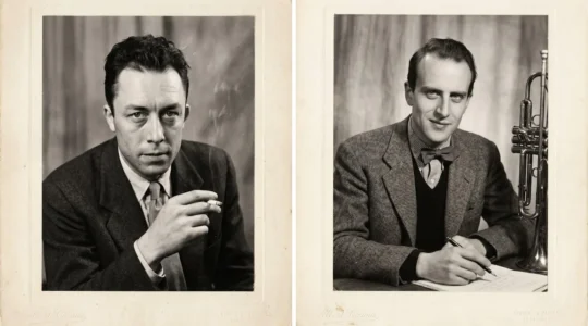 Portraits photographiques en noir et blanc d'Albert Camus et Boris Vian, écrivains français des années 1940-1950, issus d'archives photographiques d'époque